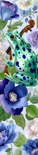 Free printable frog bookmark featuring green frog with spots and a violin
